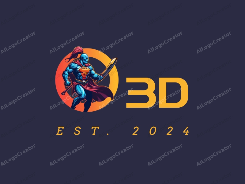 a modern design featuring a 3D warrior in a dynamic pose, surrounded by circular elements, utilizing a colorful palette, creating a vibrant and energetic composition.