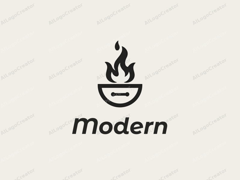 minimalist design features simple lines, a stylized flame representing barbecue, combined with a clean background in white and gray colors.