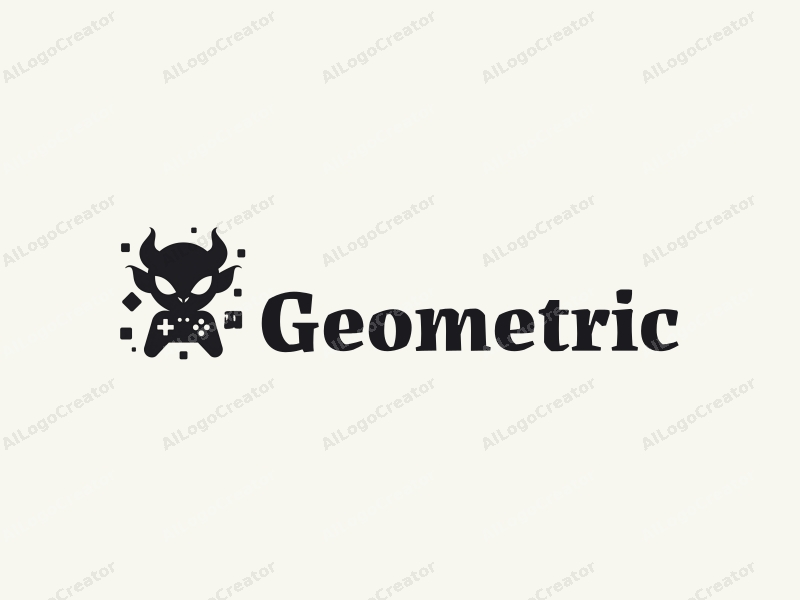 geometric design features a stylized demon and game controller integrated with square and circular shapes, combined with a clean black and white background.