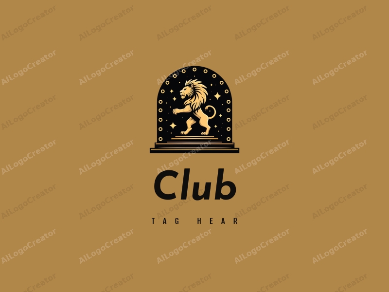 a modern minimalist design featuring a stylized lion, a stage backdrop, and club elements, combined with a clean black and gold color scheme.