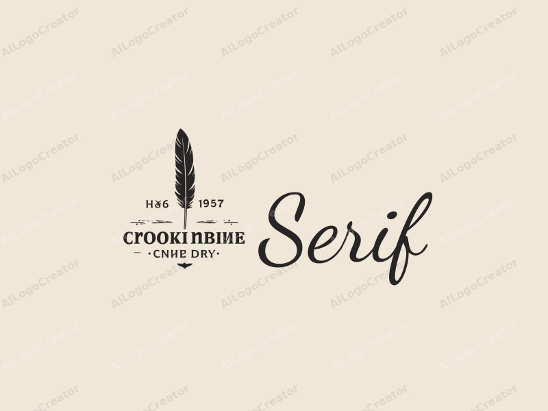 vintage design features a serif font, a stylized feather and pen, combined with a clean background.