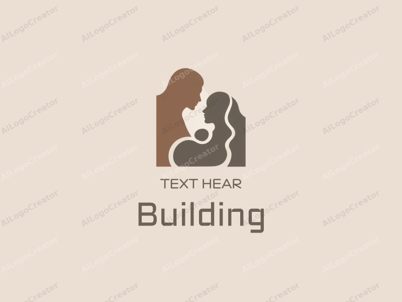 modern design features abstract architectural structures intertwined with stylized representations of a mother and baby, utilizing a clean and harmonious composition.