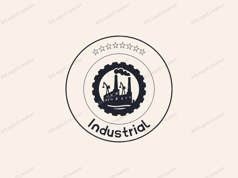 modern design features a stylized factory silhouette, interlocking gears, and a crane, combined with a clean background.