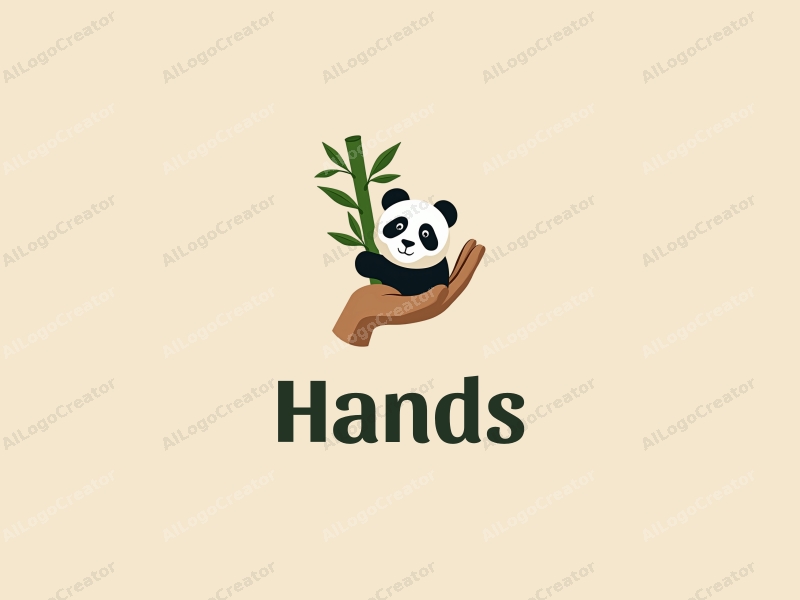 a modern design featuring a hand holding bamboo with a stylized panda, incorporating skin tone colors, set against a clean background.