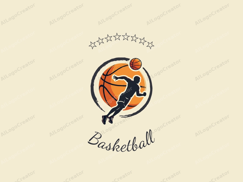 playful design features a stylized basketball, an athlete in motion, and a pair of basketball shoes, combined with a clean background.