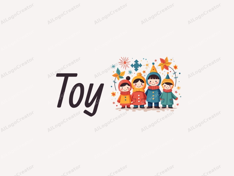 playful design features colorful dolls and puzzles, combined with whimsical pinwheels and fireworks, creating a vibrant and cheerful atmosphere against a clean background.