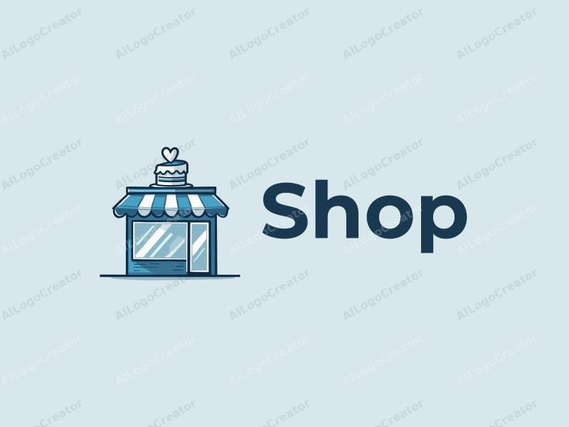 a modern design featuring a stylized shop front with a cake and heart integrated into the architecture, using a clean and simple layout with a blue color palette.