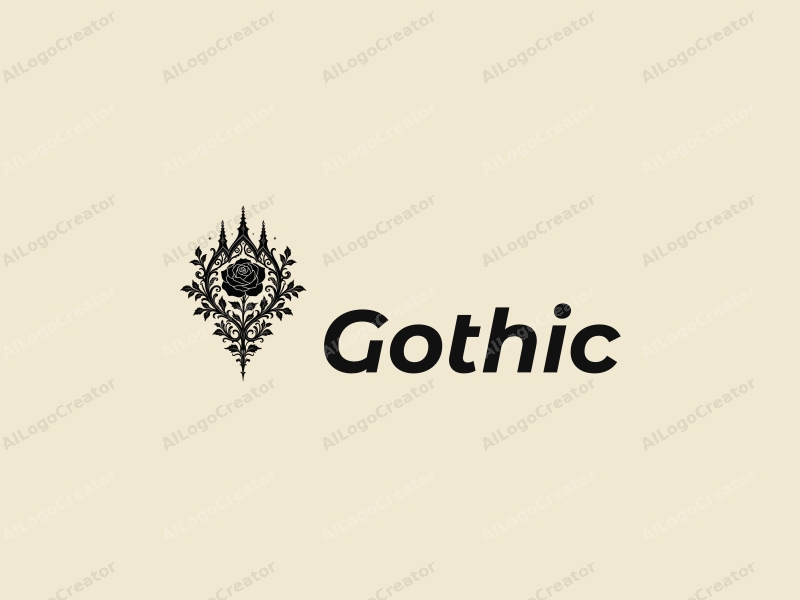 Gothic design features intricate Gothic architecture, stylized Gothic fashion elements, a black rose intertwined with spires, combined with a clean background.