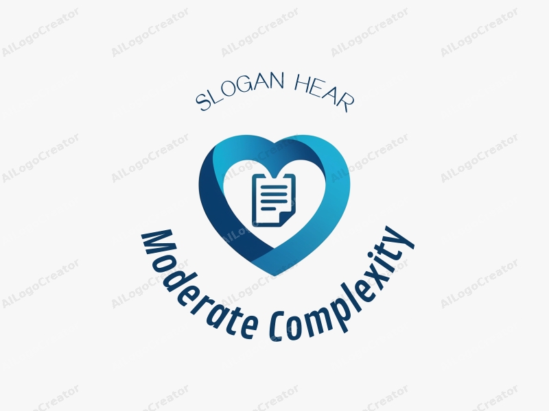 a modern design featuring a stylized heart intertwined with a document symbol, using a blue and white color palette, combined with a clean background and refined details.