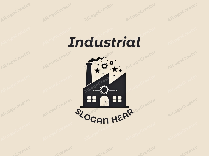 modern design features a stylized factory silhouette, interlocking gears, and stars, combined with a clean background and a harmonious composition.