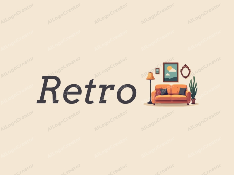 vintage design features a retro sofa, a retro poster, a retro lamp, and a retro mirror, combined with a clean background and harmonious composition.