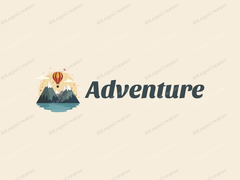 playful design features stylized mountains and a hot air balloon, combined with a clean background and a sense of adventure.