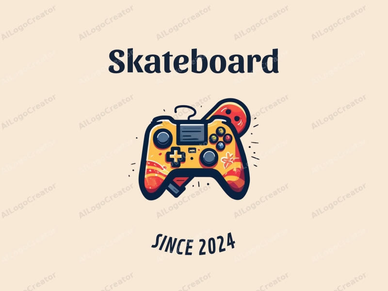 playful design features a vibrant skateboard and a stylized controller, combined with a clean background.