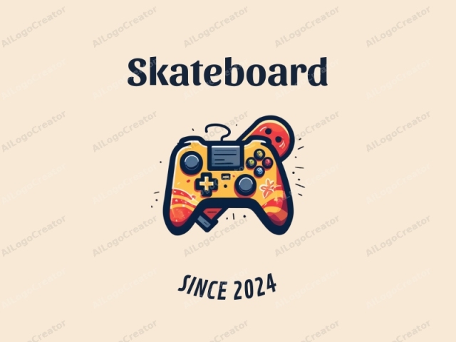 Spaßiges Design mit einem strahlenden Skateboard und einem stilisierten Controller, kombiniert mit einem sauberen Hintergrund.