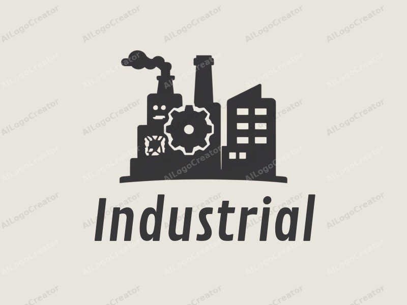 a modern minimalist design featuring a stylized factory silhouette, robotic elements, and interlocking gears, combined with a clean gray and black background.