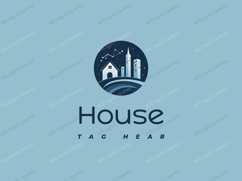 modern design features a stylized house and building silhouette, integrated with the Big Dipper constellation, combined with a clean blue background.