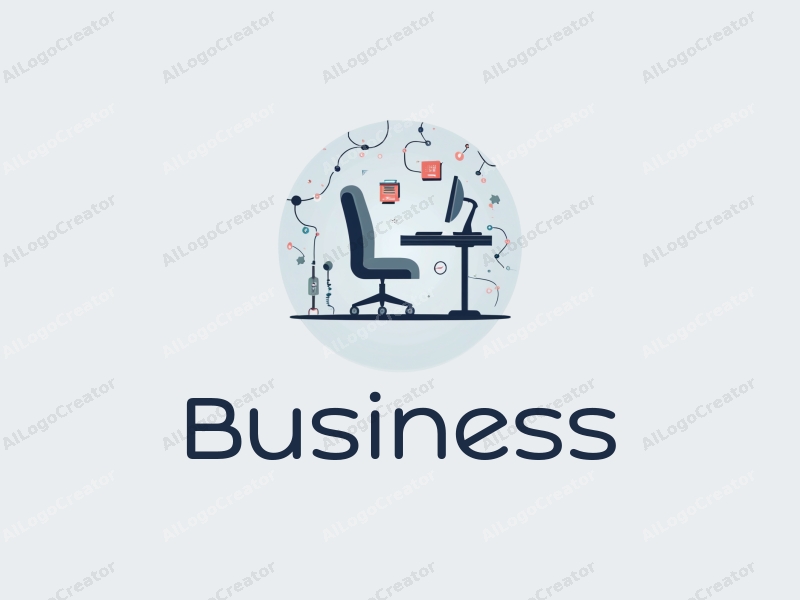 a modern minimalist design featuring office elements like a stylized desk and chair, technology symbols such as circuit lines, and network motifs combined with a clean background in blue and gray tones.