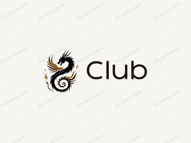 a modern design featuring a stylized dragon and phoenix intertwined, representing social interaction and entertainment, with a complex yet harmonious composition in black and gold colors against a clean background.