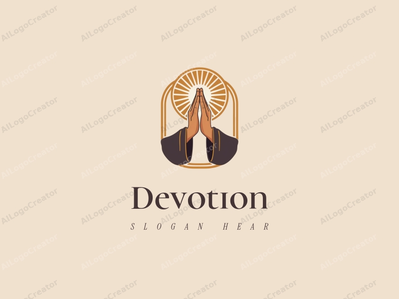 vintage design features a stylized halo above a pair of hands in a prayer position, combined with golden accents and a clean background.