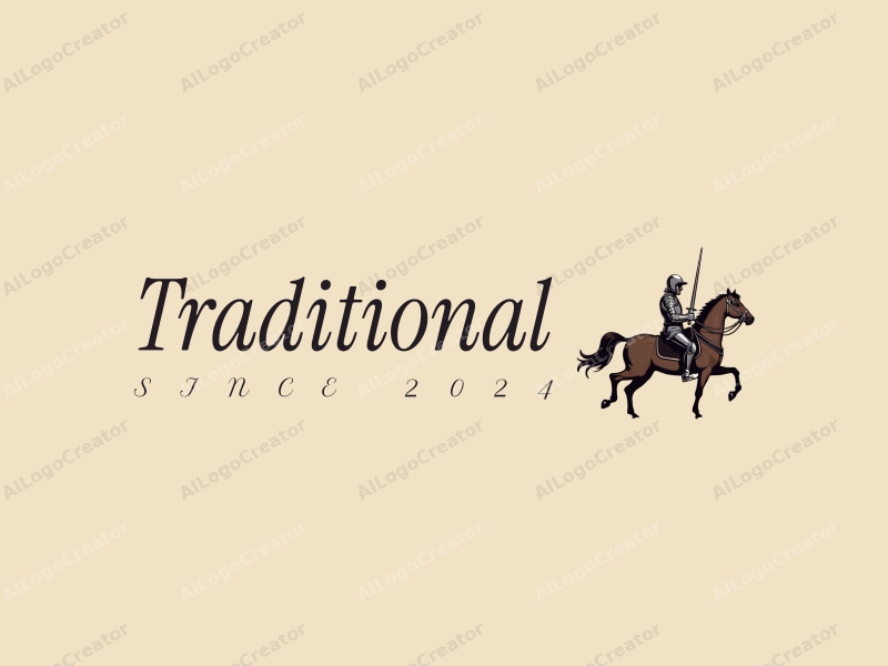 vintage design features a stylized horse and knight, incorporating traditional and classic elements with a harmonious composition on a clean background.