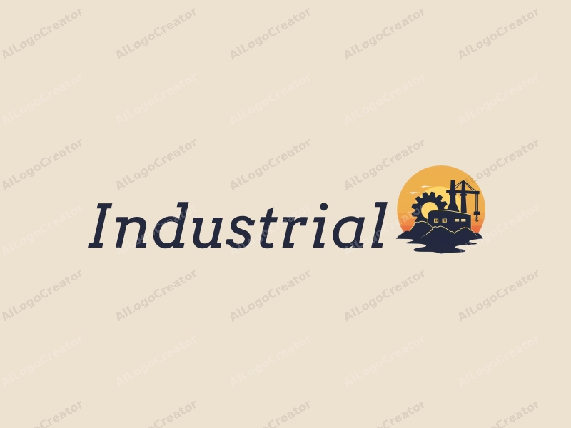 modern design features a stylized factory silhouette, interlocking gears, and a crane, combined with a clean background.