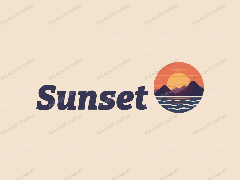 vintage design features a stylized sunset over the ocean with mountains in the background, incorporating warm orange and purple hues, combined with a clean and harmonious layout.