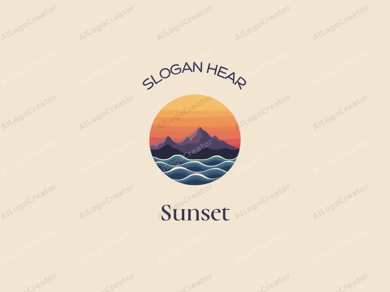 vintage design features a stylized sunset over mountains, with waves in the foreground, using a harmonious blend of orange and purple colors against a clean background.