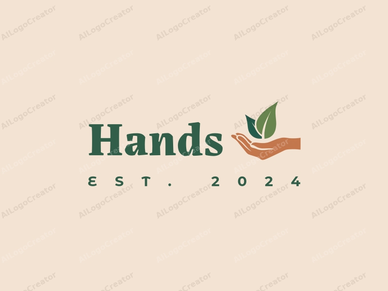 a modern design featuring a hand holding a palm with a leaf, using skin tone colors, combined with a clean and simple background.