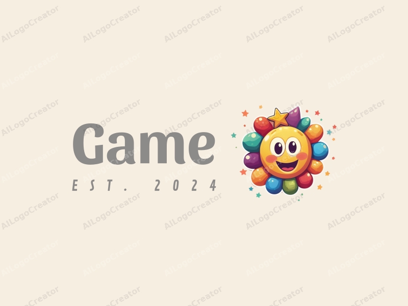 playful design features whimsical game elements, stylized toy shapes, stars, and colorful balls combined with a clean background.