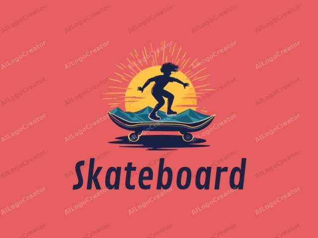 fröhliches Design mit einer lebendigen Skateboard-Silhouette, einem stilisierten Sonnenschein und einer dynamischen Komposition, kombiniert mit einem sauberen Hintergrund.