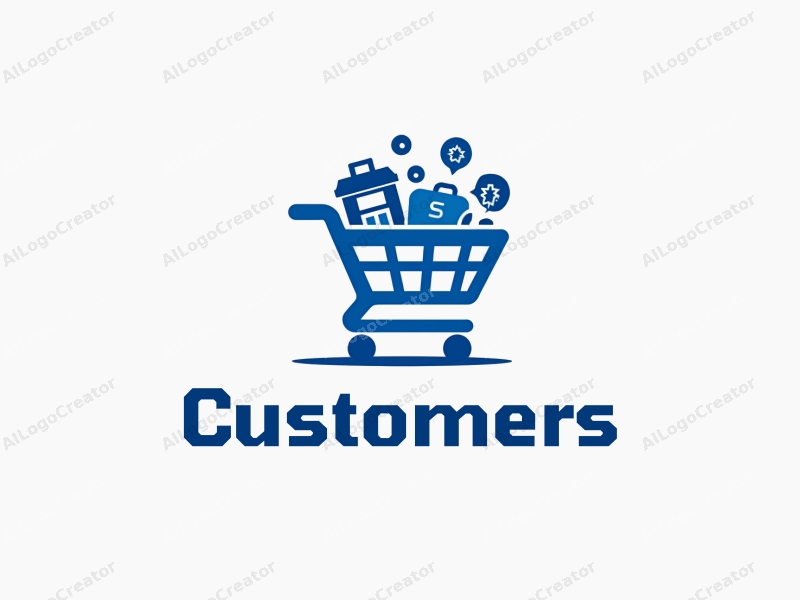 a modern design featuring a stylized shopping cart filled with products, accompanied by abstract representations of customers and shoppers, utilizing a clean and simple composition with a blue color palette.