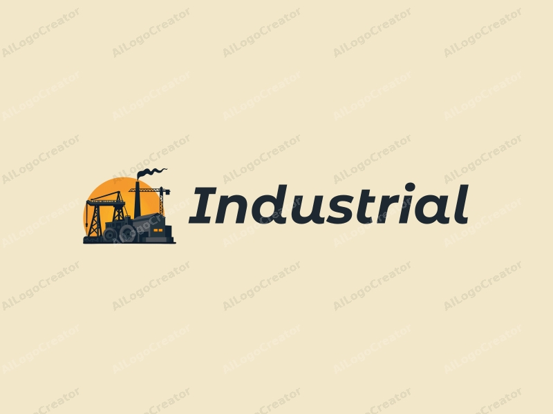 modern design features a stylized factory silhouette, interlocking gears, and a crane, combined with a clean background.