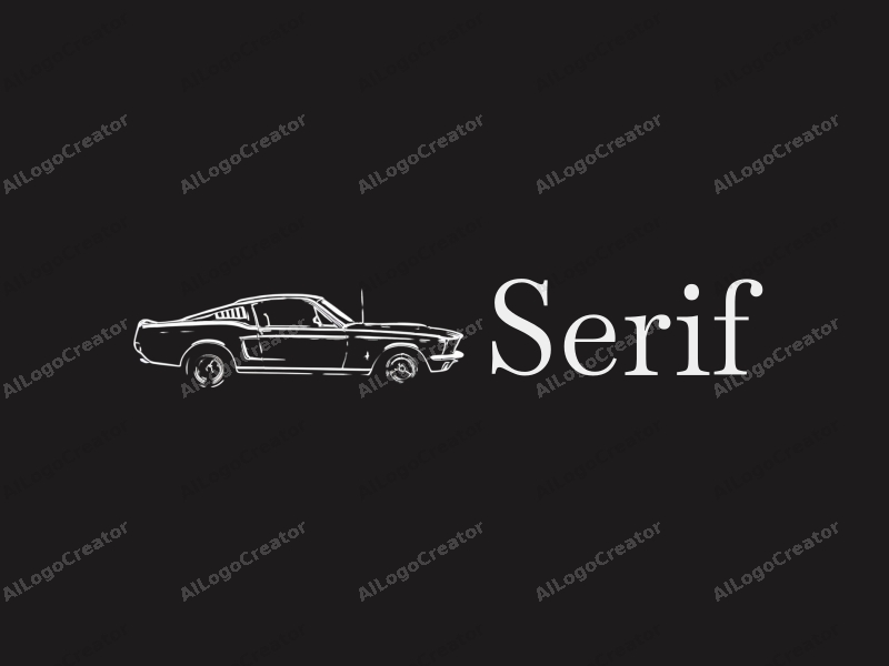 vintage design features elegant serif fonts, a stylized car silhouette, and a clean outline approach combined with a simple black background.