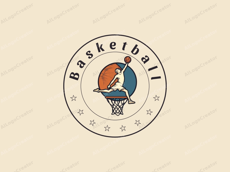 playful design features a dynamic athlete performing a dunk, a stylized basketball and hoop, combined with a clean background.