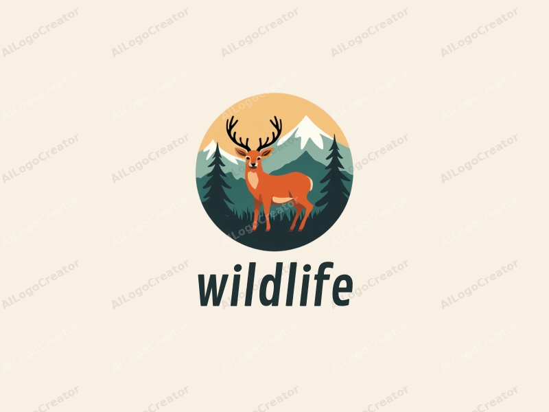 playful design features a stylized deer amidst a backdrop of mountains, incorporating elements of wildlife and nature landscapes with natural color tones, combined with a clean and harmonious composition.