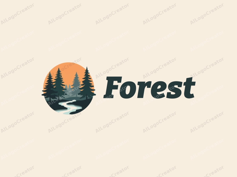 vintage design features a serene forest scene with stylized pine trees and a gently flowing small stream, combined with a clean background.