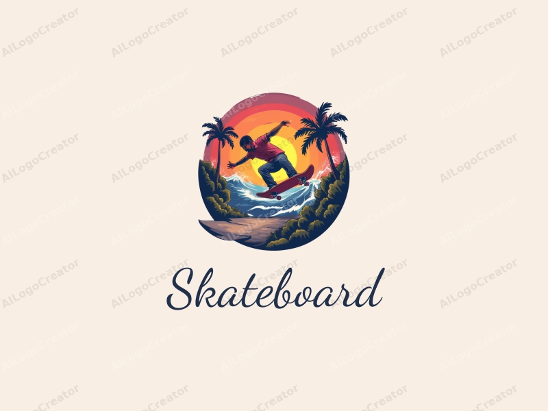 playful design features a vibrant skateboard, a dynamic skateboarder in action, and elements of surfing, combined with a clean background.