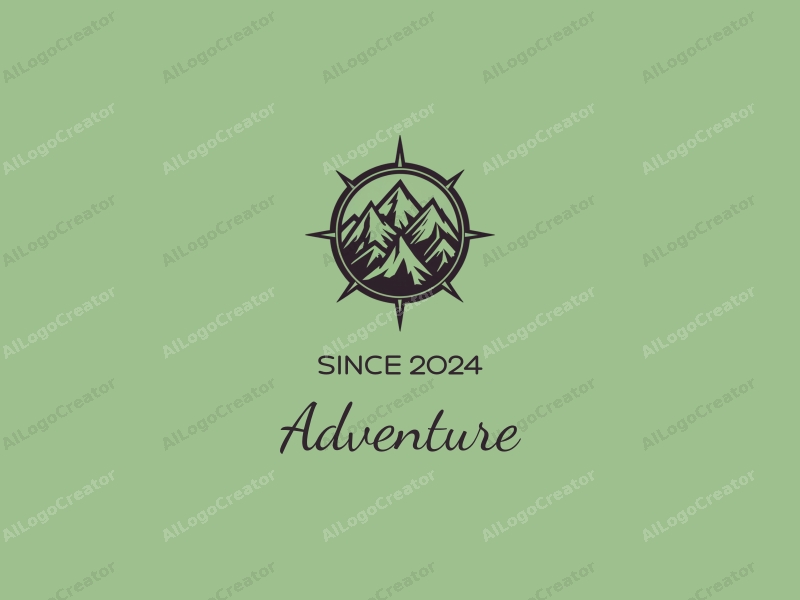 playful design features a stylized compass intertwined with mountain silhouettes, incorporating elements of adventure and exploration, set against a clean green background.