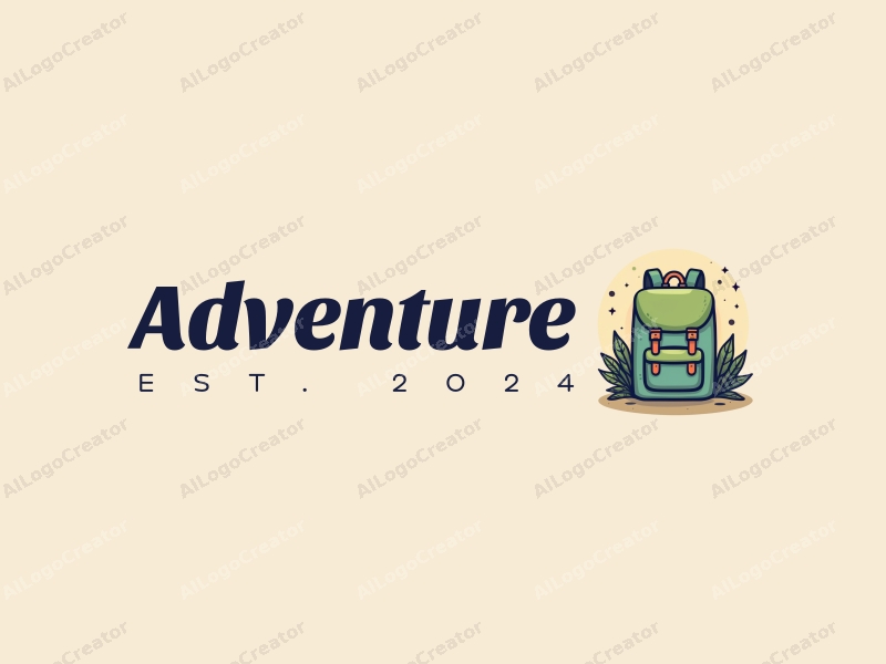 playful design features a stylized backpack and leaves, combined with adventure elements, set against a clean background.