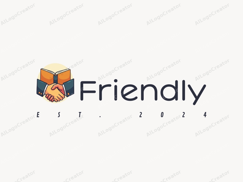 playful design features a stylized book and a handshake, combined with a clean background, emphasizing friendship and community in an educational and social context.