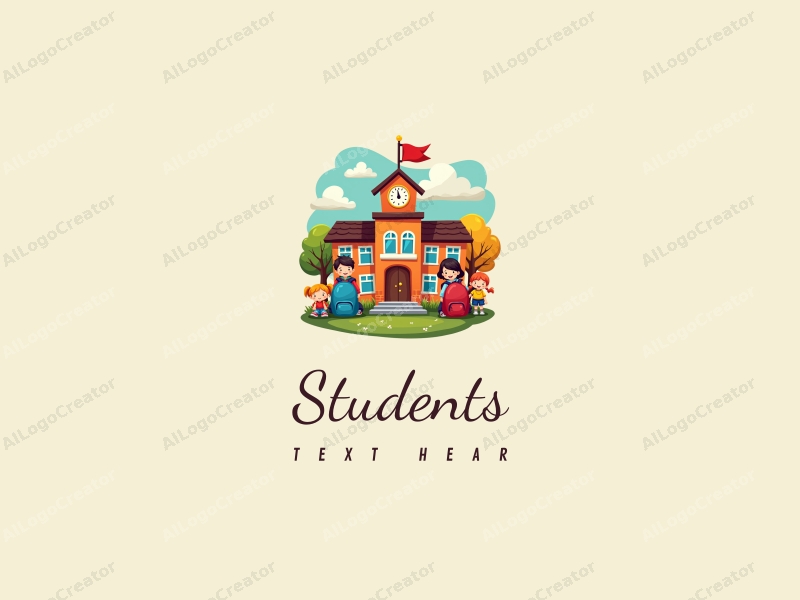 playful design features cheerful students, a stylized school building, books, and backpacks, combined with a vibrant and colorful background.