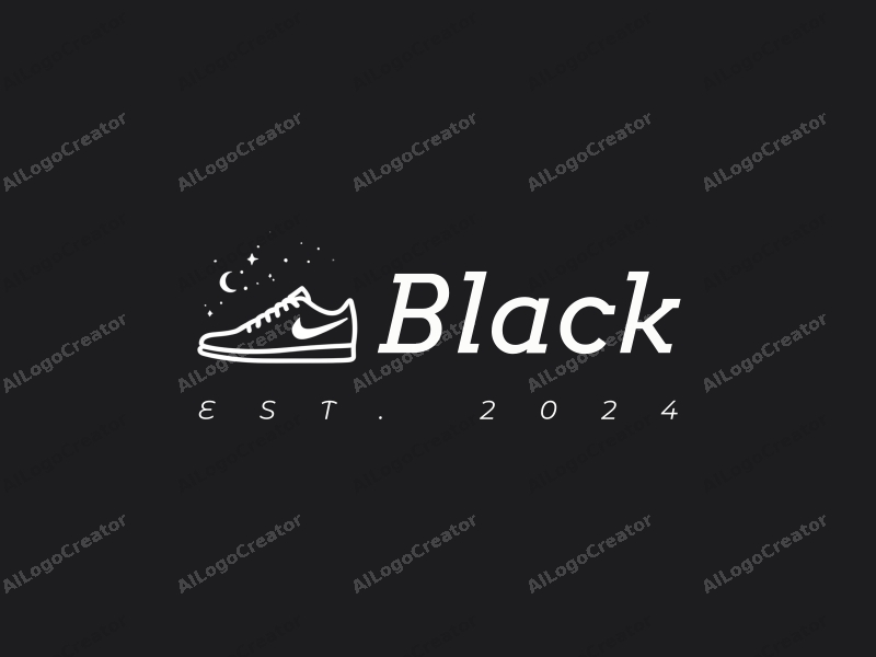 minimalist design features a sleek silhouette of a sneaker against a starry night sky, with a clean black background and simple lines to create a harmonious and artistic representation.