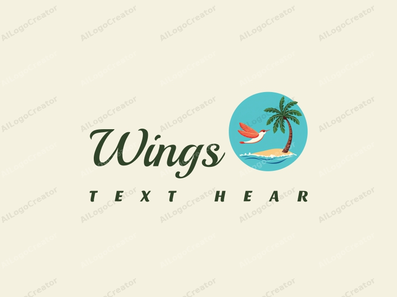 playful design features stylized wings and a dragonfly in flight, accompanied by a coconut tree, all set against a clean blue background.