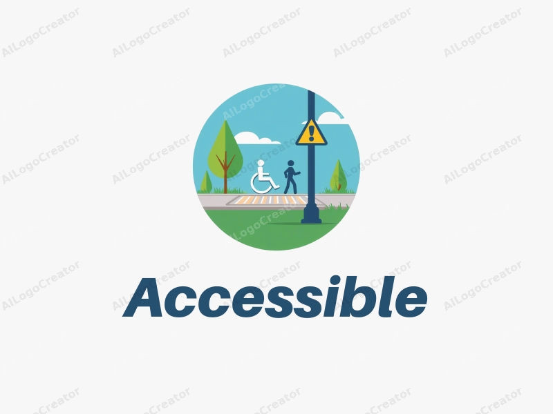 modern minimalist design featuring accessibility features, inclusive design elements, stylized sidewalks, and accessibility signs combined with a clean blue and green background.