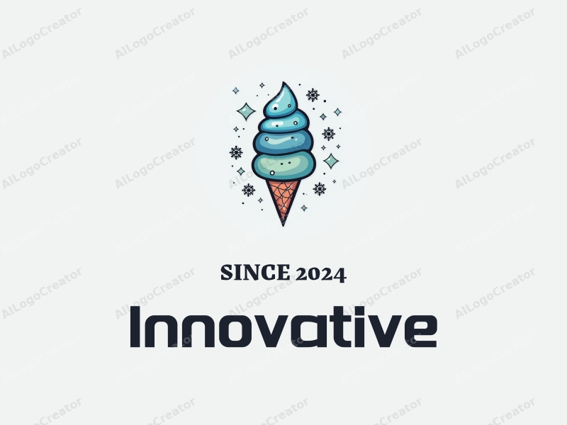 a modern design featuring innovative elements like ice cream and snowflakes, combined with a futuristic approach, set against a clean background in blue and green tones.