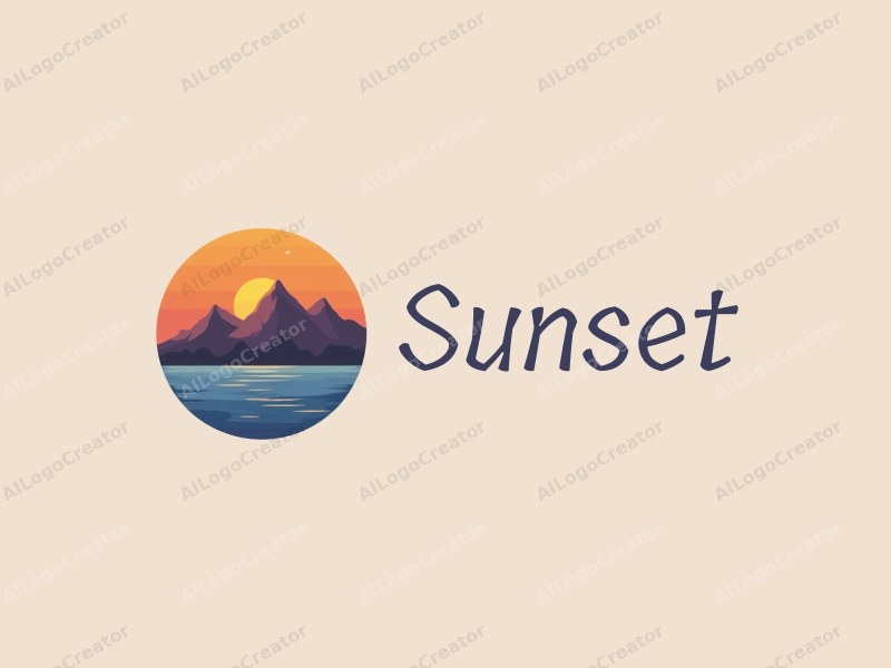 vintage design features a stylized sunset over the ocean with mountains in the background, incorporating warm orange and purple hues, combined with a clean and harmonious layout.