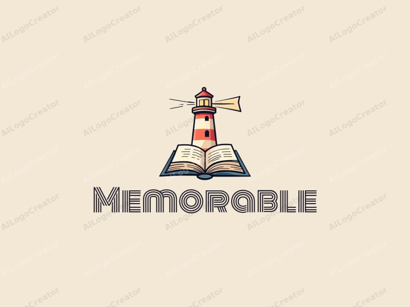 playful design features a stylized lighthouse and an open book, combined with a clean background, emphasizing memories and iconic symbols in a harmonious and simple composition.