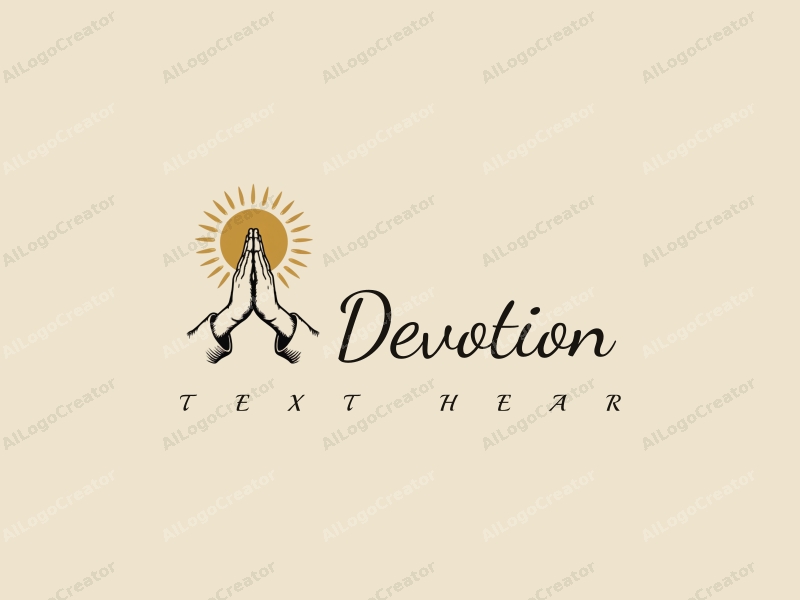 vintage design features a stylized halo above a pair of hands in a prayer position, combined with golden accents and a clean background.