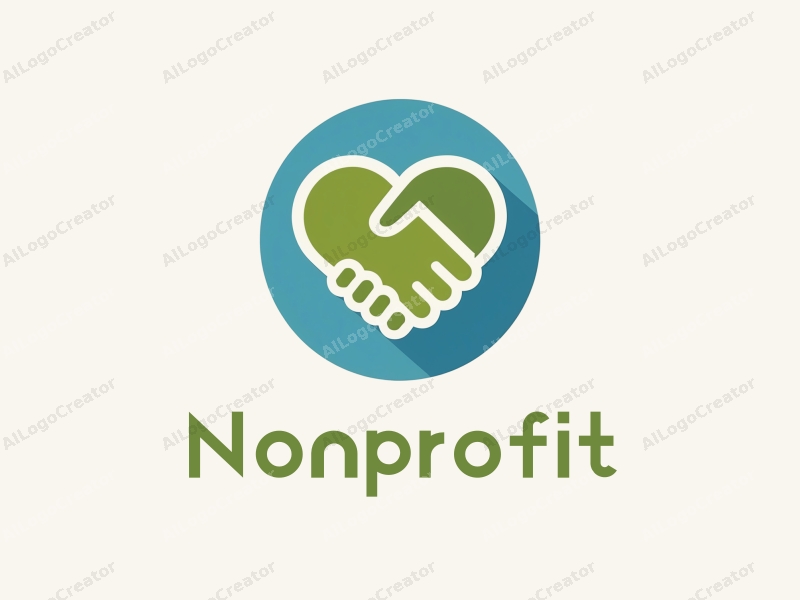 modern design features a stylized heart and handshake symbolizing charity and volunteerism, combined with a clean background in blue and green tones.