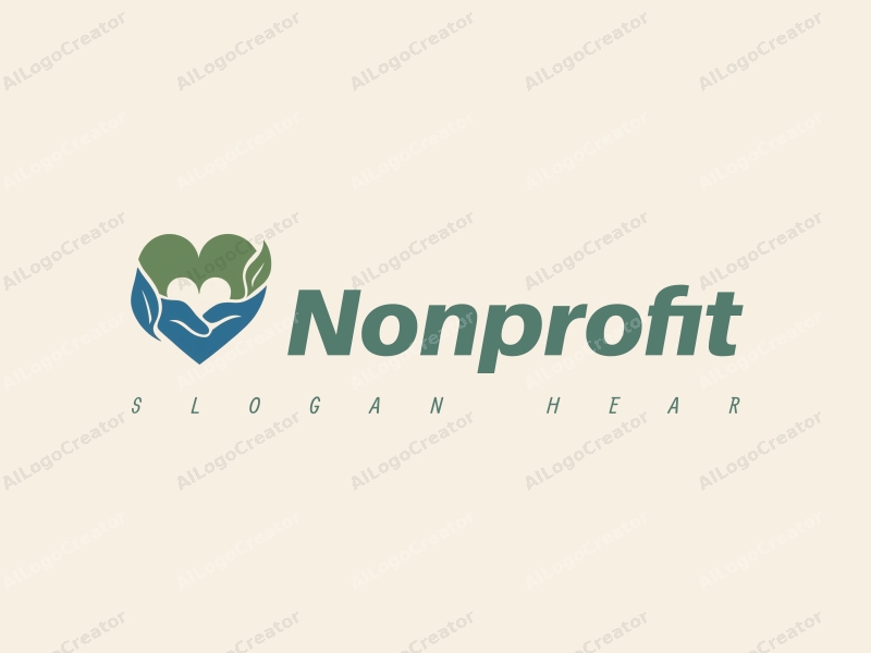 modern design features a heart shape and a handshake symbolizing charity and volunteer work, combined with a clean background in blue and green colors.